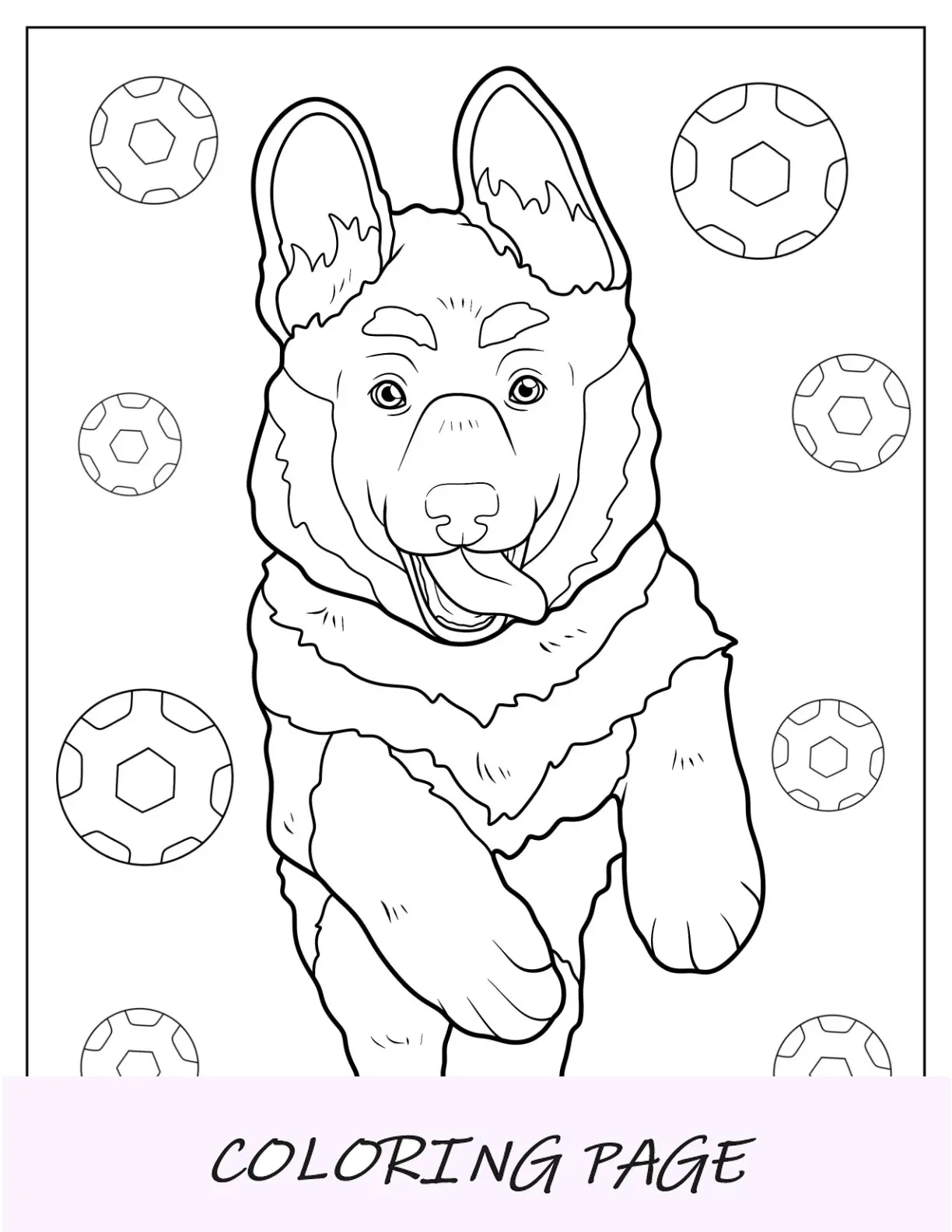 Desenho para colorir de pastor alemão pulando com a língua de fora
