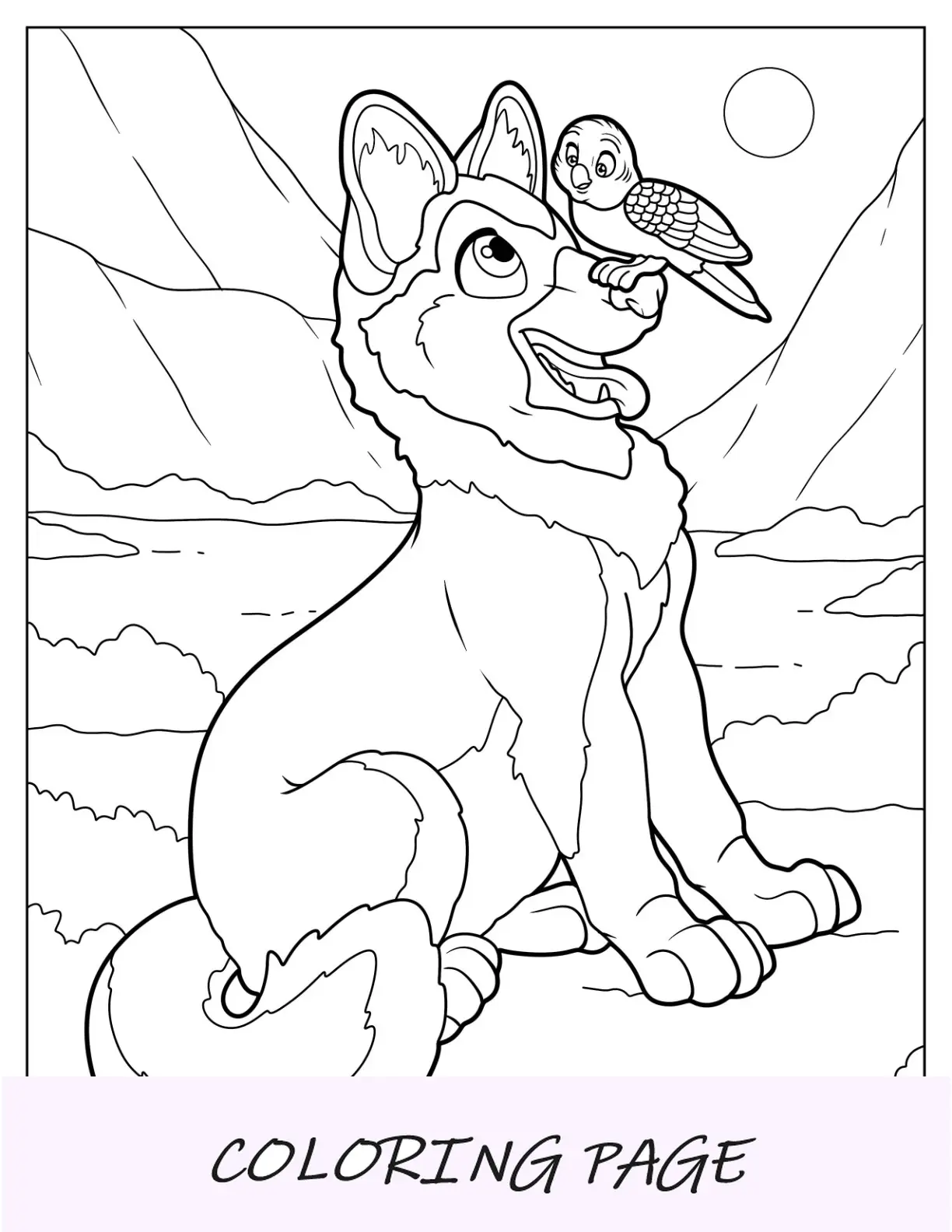 Página para colorir de pastor alemão Kawaii com pássaro no nariz