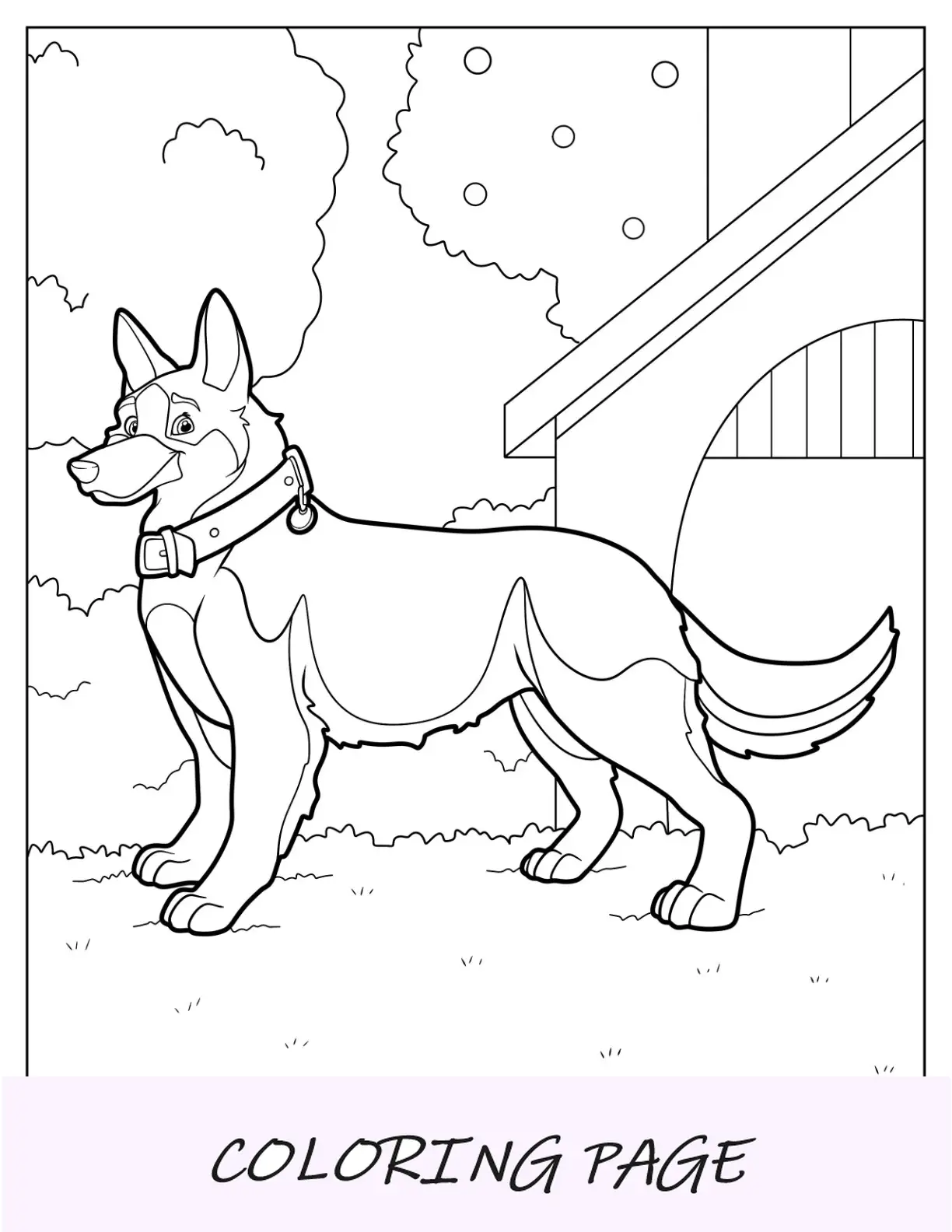 Desenho de desenho animado de pastor alemão para colorir fora da casinha de cachorro
