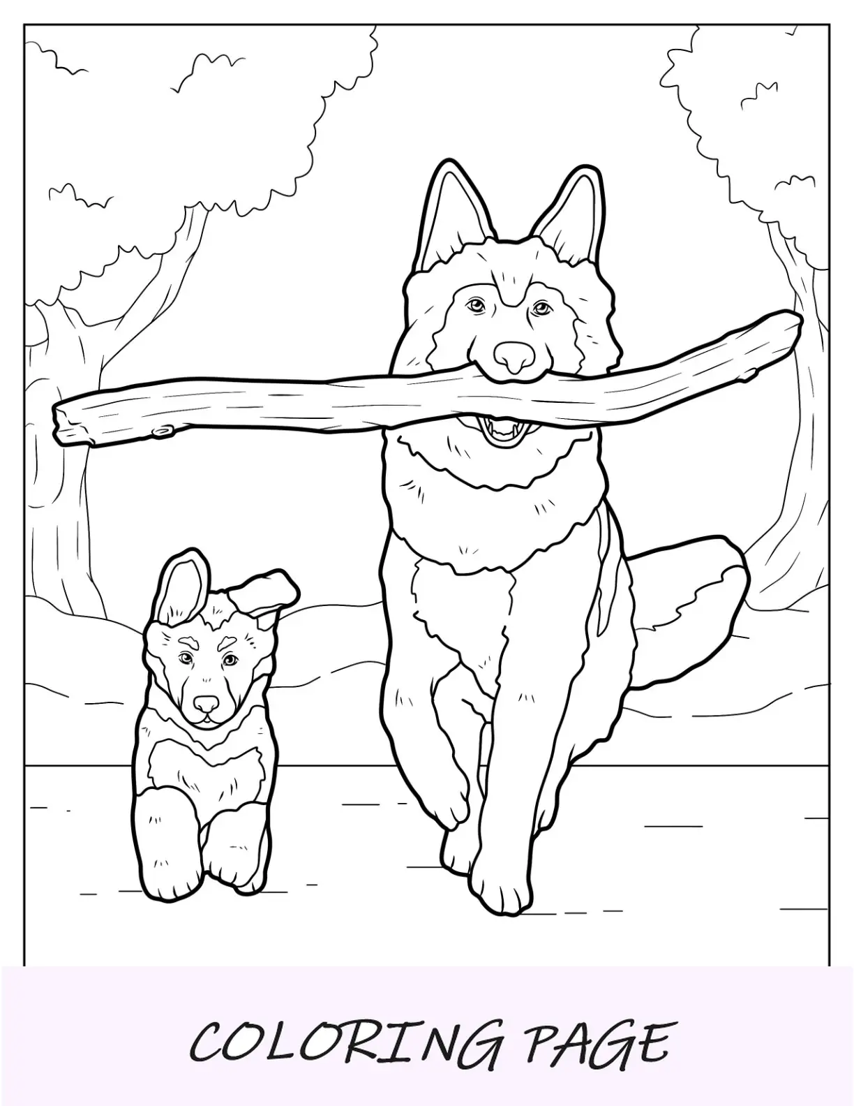 Página para colorir de pastor alemão adulto carregando bastão com cachorrinho