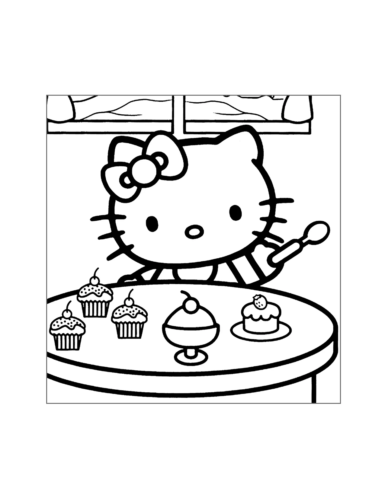 Hello Kitty Eats Dessert Coloring Page