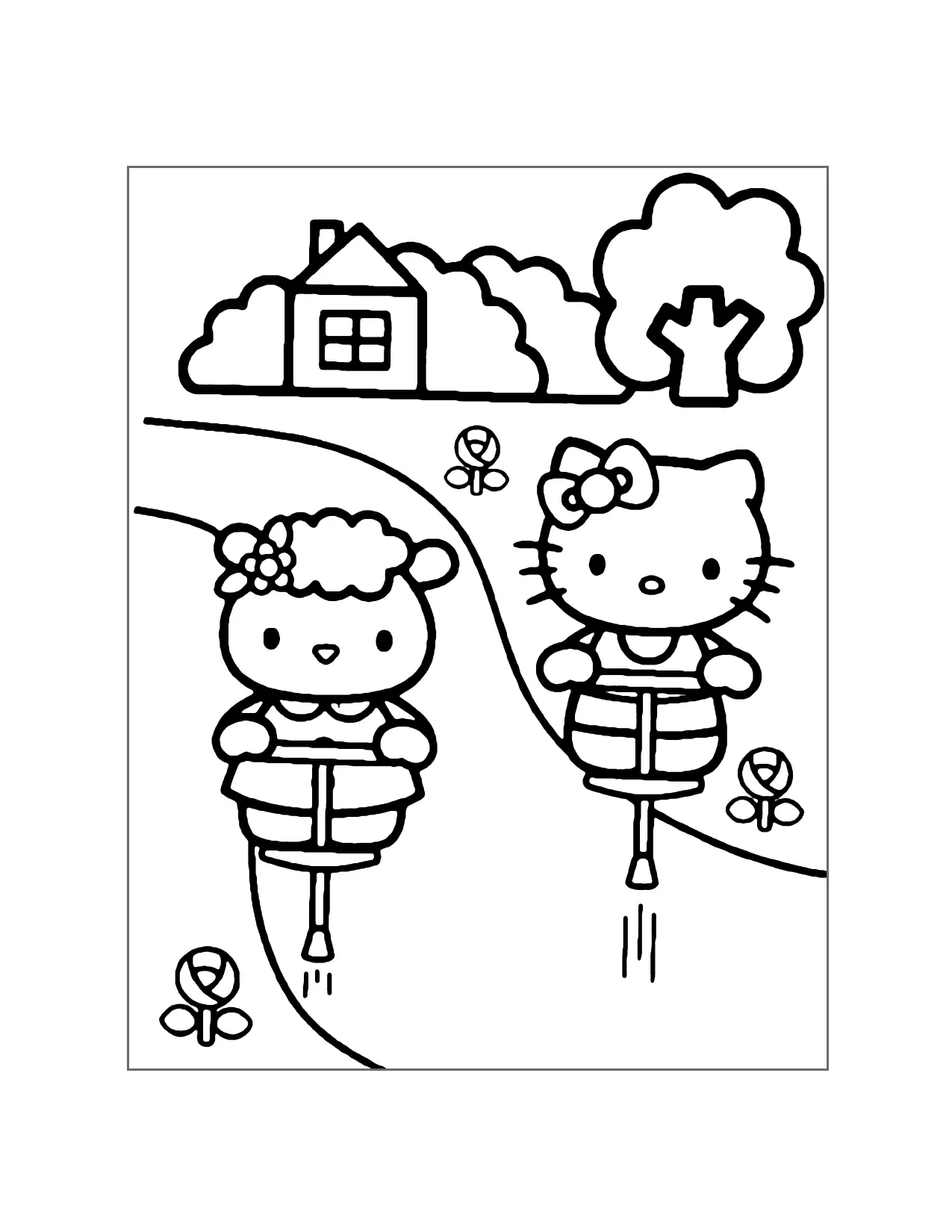 Cute Hello Kitty On Pogo Sticks Coloring Page