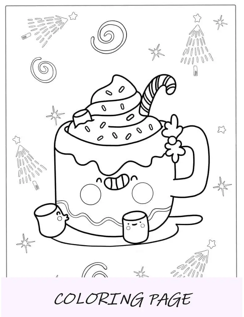 Folha para colorir de chocolate quente Kawaii com marshmallow