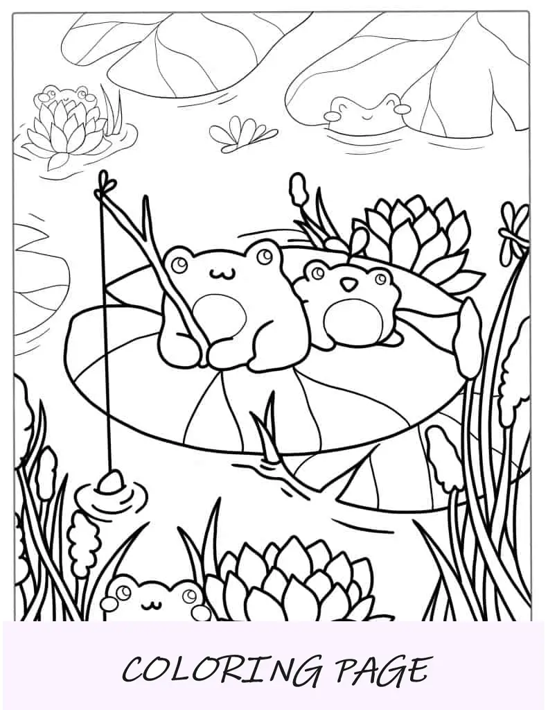 Sapos Kawaii sentados em um lago para colorir
