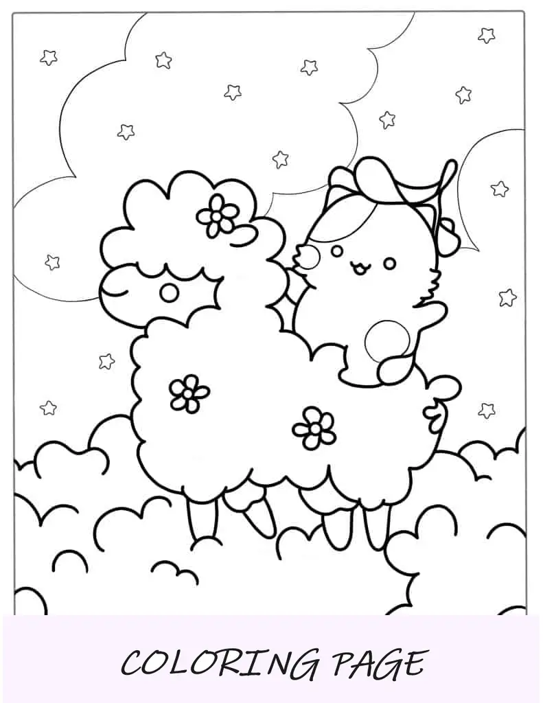 Desenho para colorir de gato Kawaii montando uma ovelha