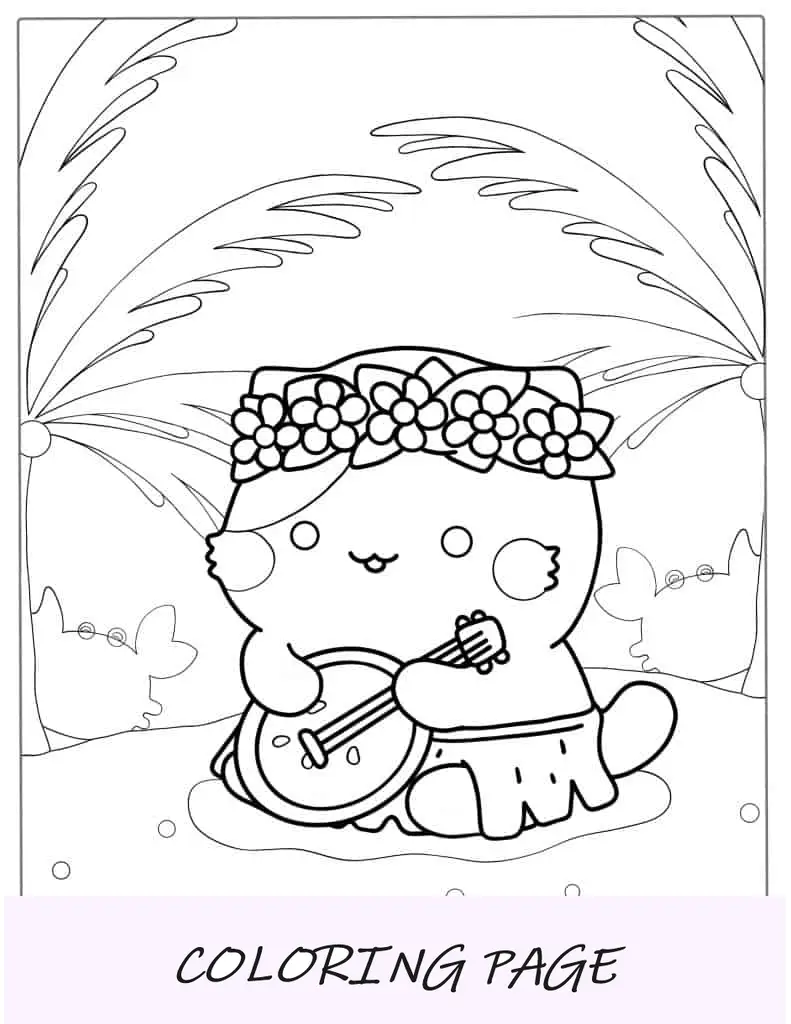 Folha para Colorir Gato Kawaii Tocando Ukulele