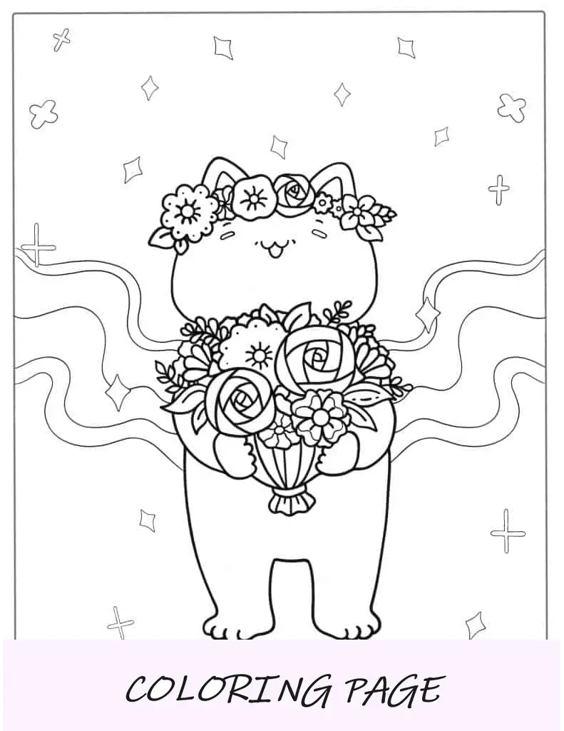 Gato Kawaii segurando flores