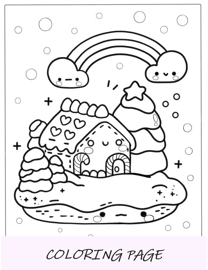 Página para colorir Kawaii da casa de gengibre de Natal