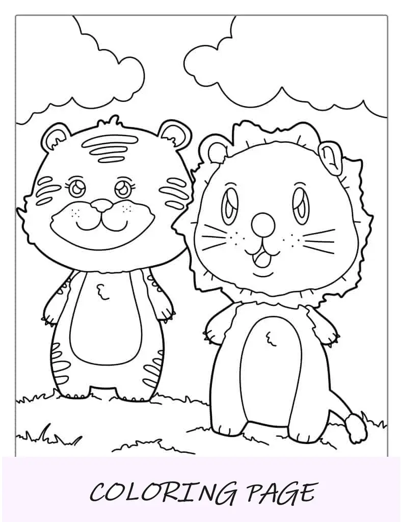 Dois lindos tigres Kawaii em pé na grama