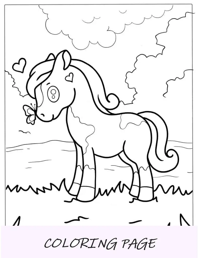 Cavalo Kawaii fofo com borboleta para colorir