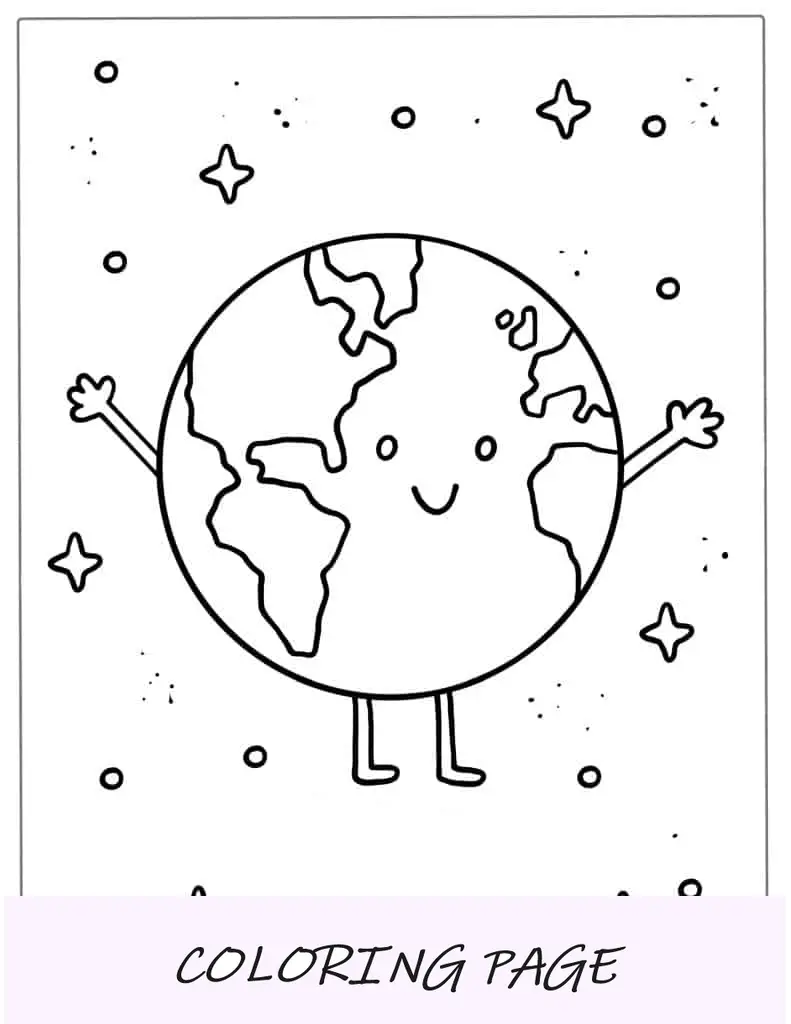 Página para colorir fofa da Terra Kawaii para crianças