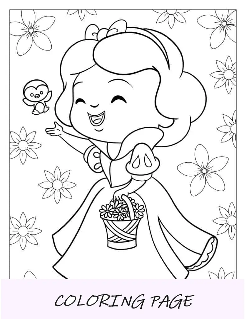 Página para colorir simples Kawaii Branca de Neve