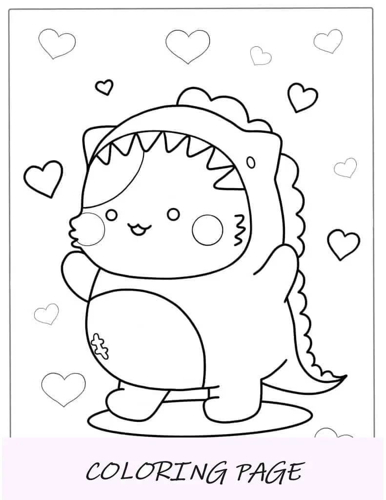 Adorável página para colorir de dinossauro Kawaii