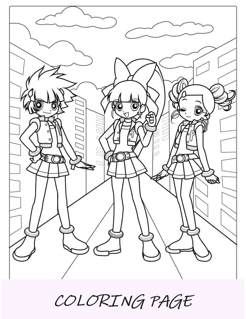Página para colorir das Meninas Superpoderosas com tema Kawaii