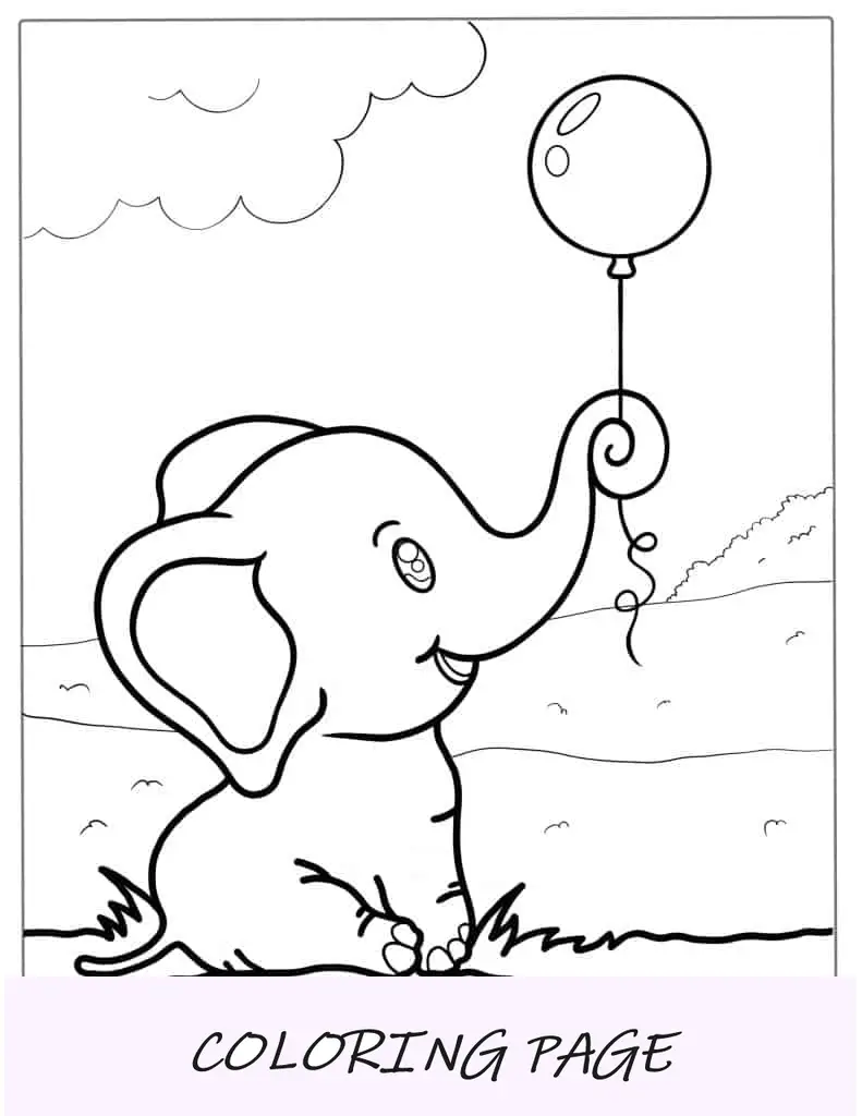 Elefante Kawaii segurando um balão para colorir para crianças em idade pré-escolar