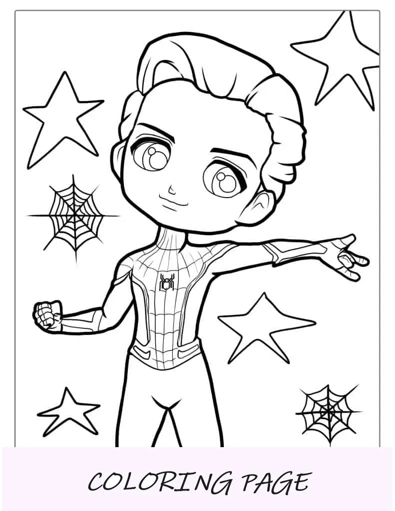 Página para colorir do Homem-Aranha Kawaii Tom Holland para crianças