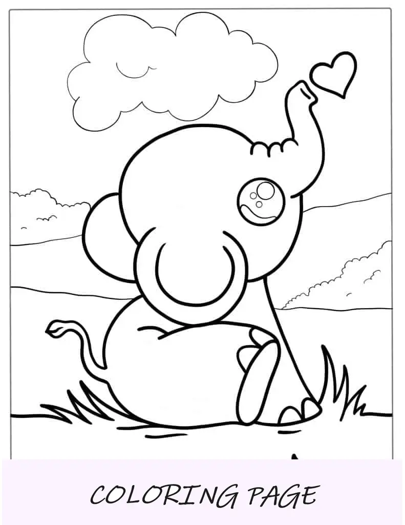 Folha para colorir de elefante fofo Kawaii para crianças