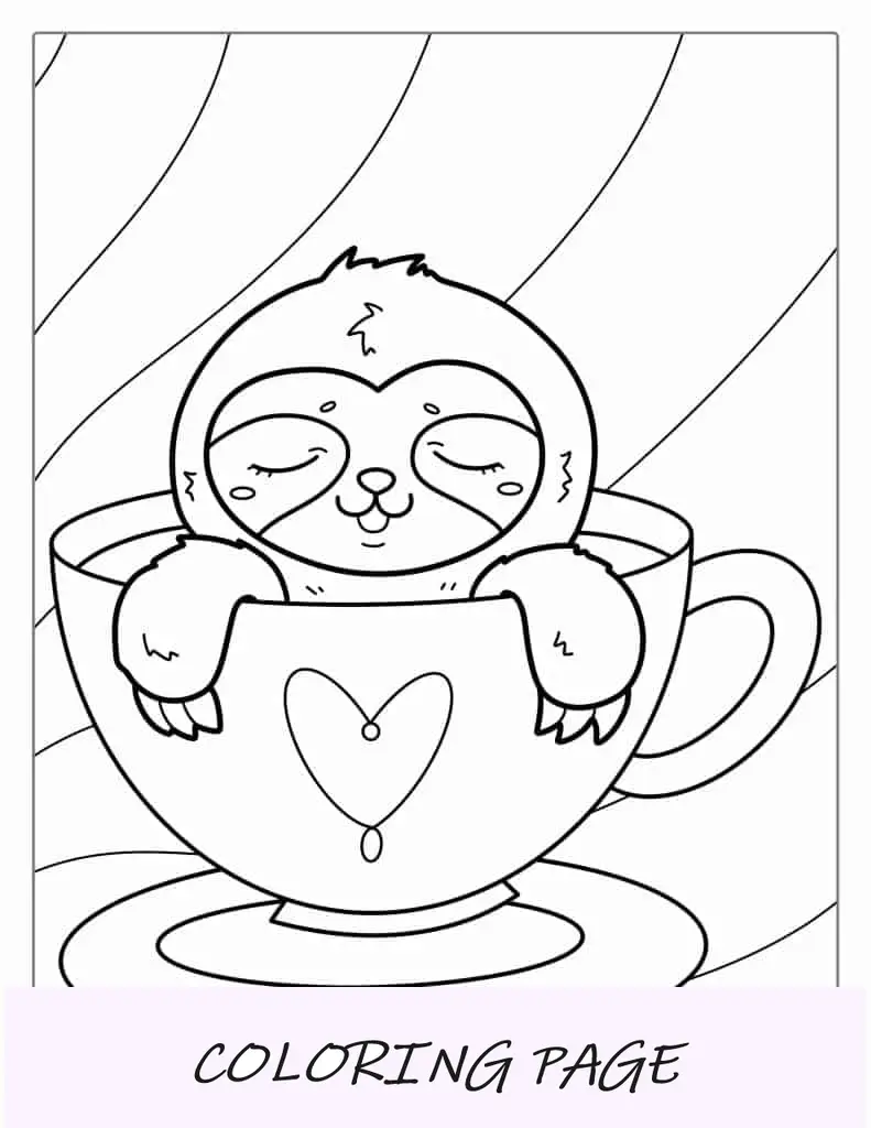 Preguiça Kawaii sentada em uma xícara de chá para colorir para crianças em idade pré-escolar