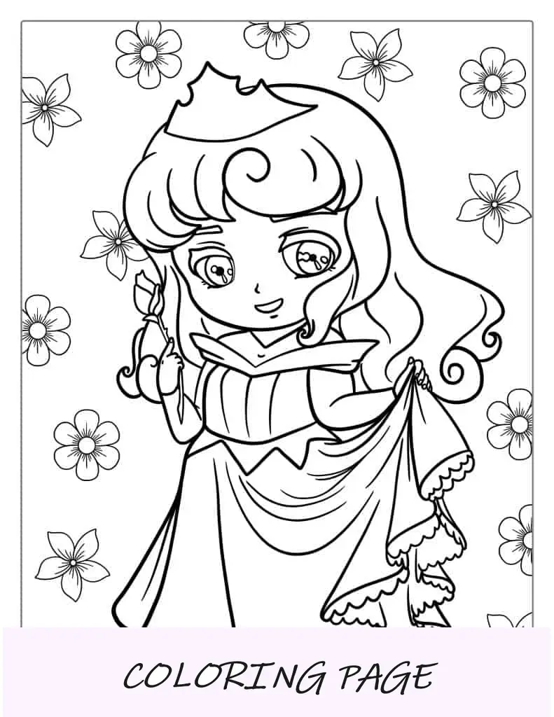 Desenho para colorir da Bela Adormecida Kawaii para crianças