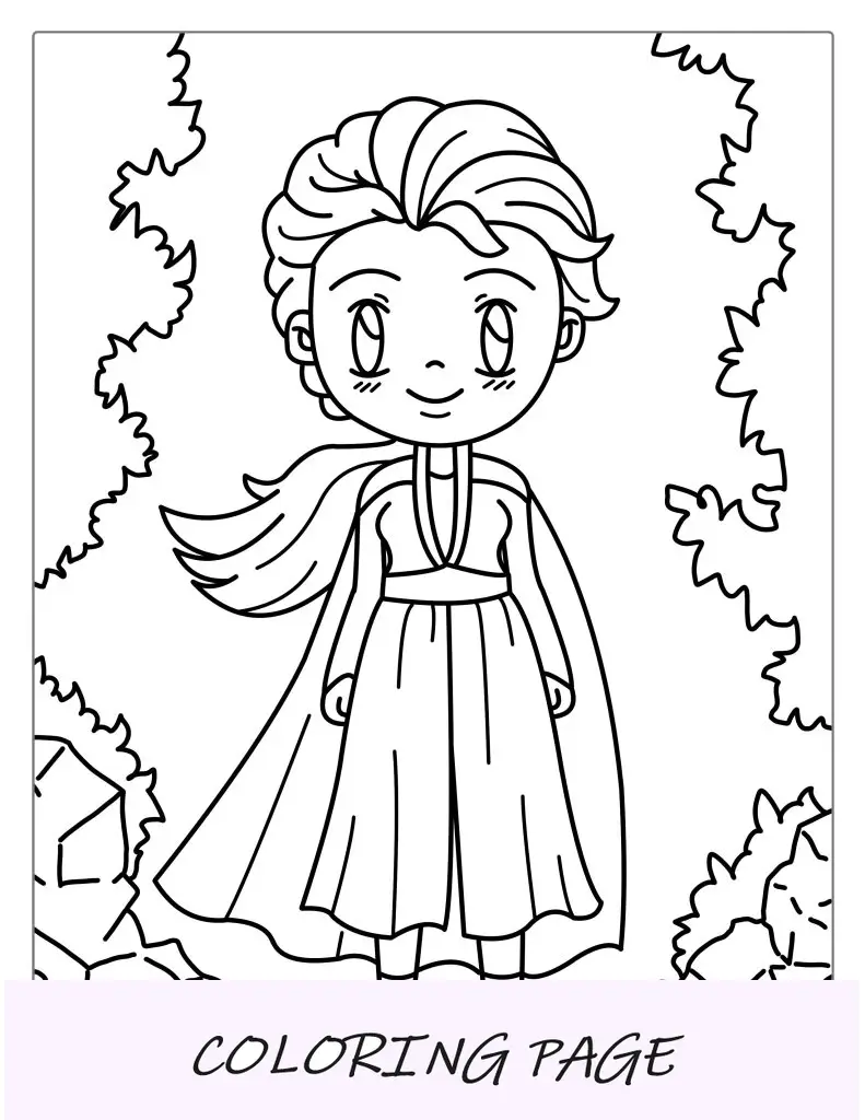Página para colorir fofa da jovem Elsa Kawaii