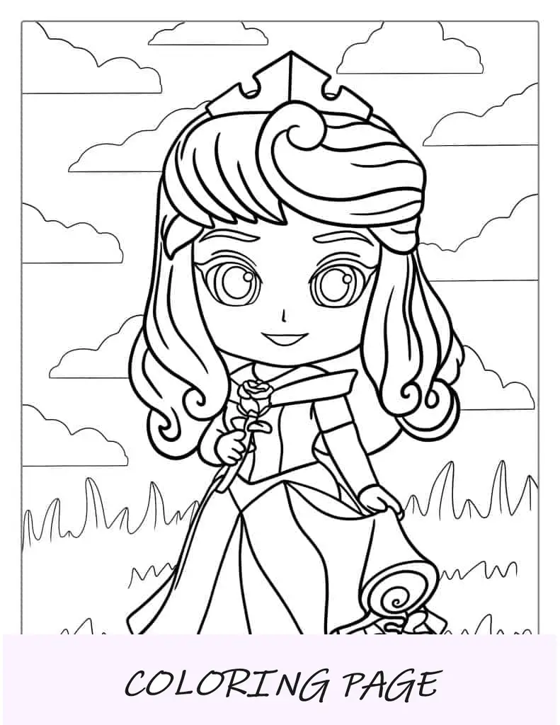Folha para colorir da Bela Adormecida Kawaii
