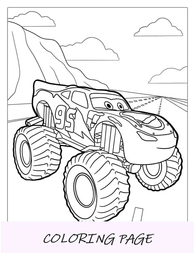 Página para colorear de Monster Truck con temática de coches
