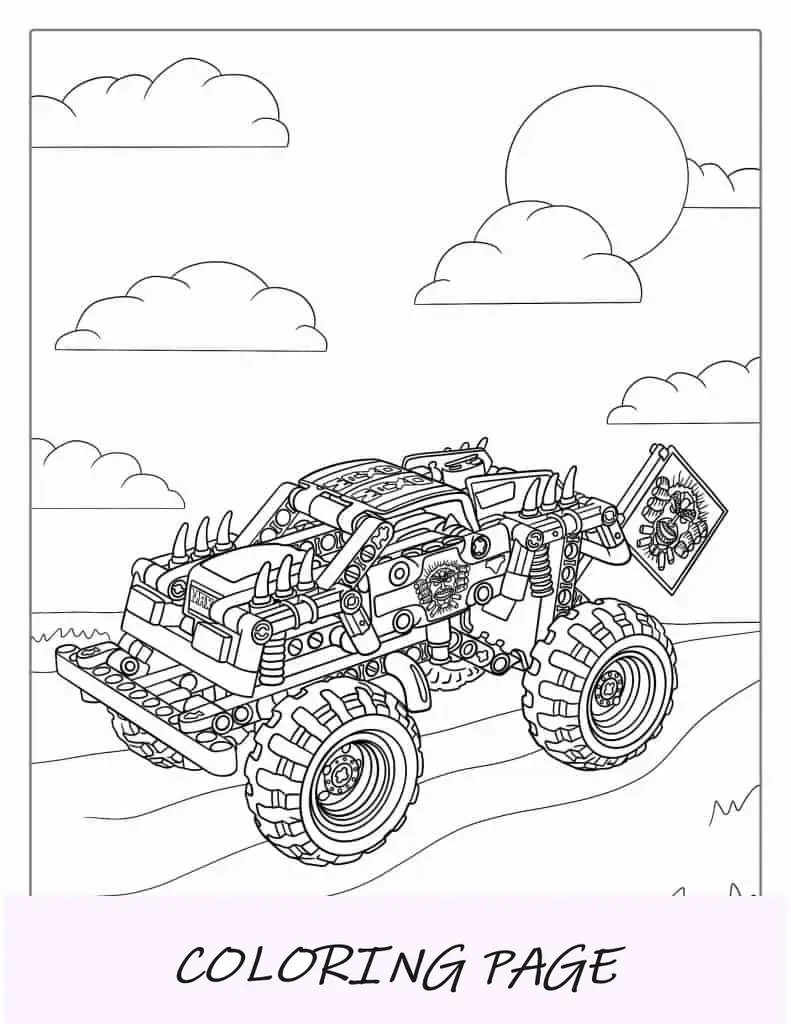 Página para colorear de un camión monstruo de Lego