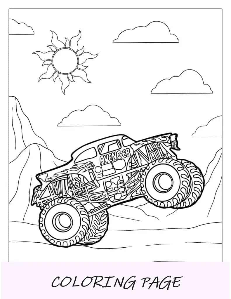 Hoja para colorear de Avenger Monster Truck para niños