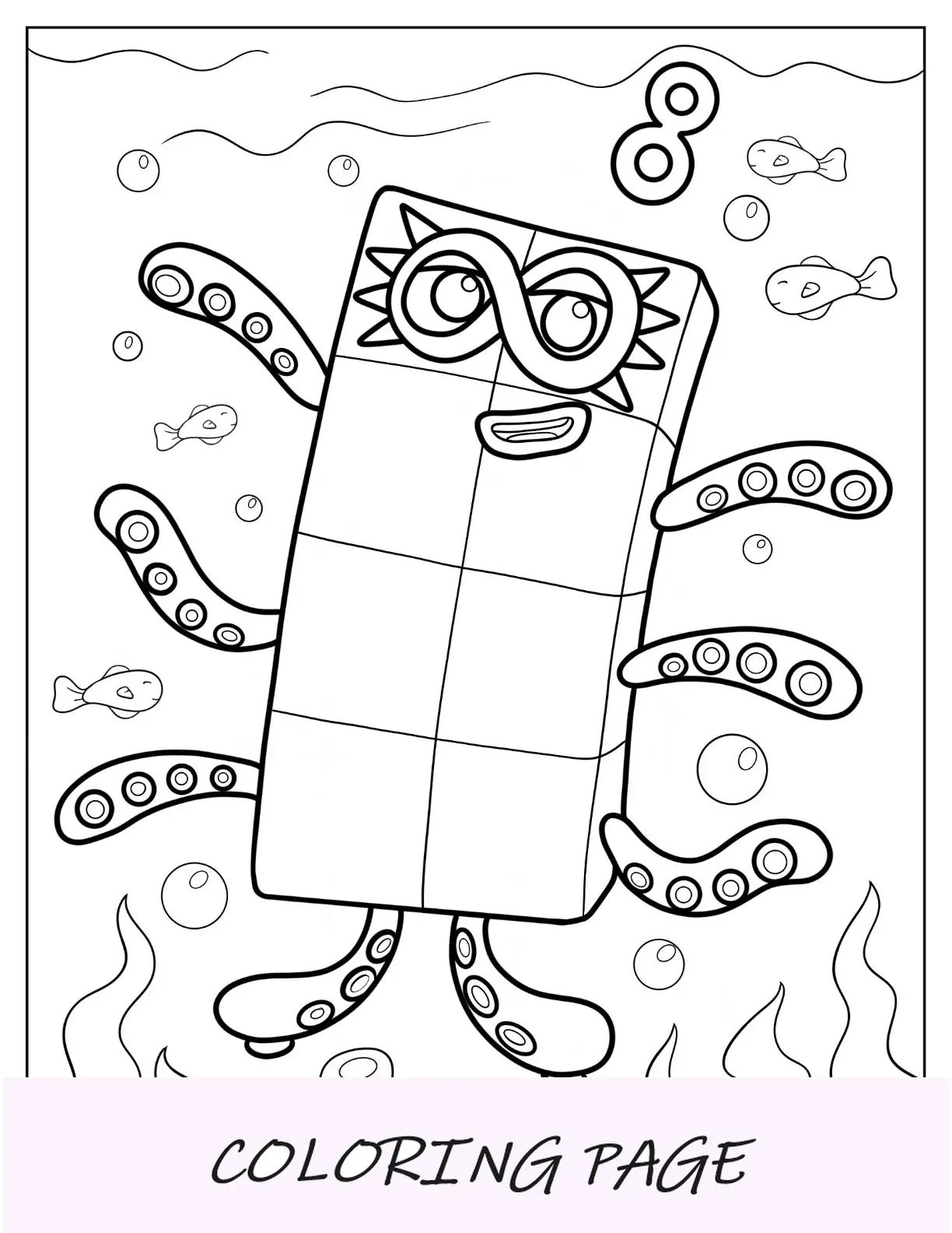 Numberblocks para colorir página 8 no fundo do mar
