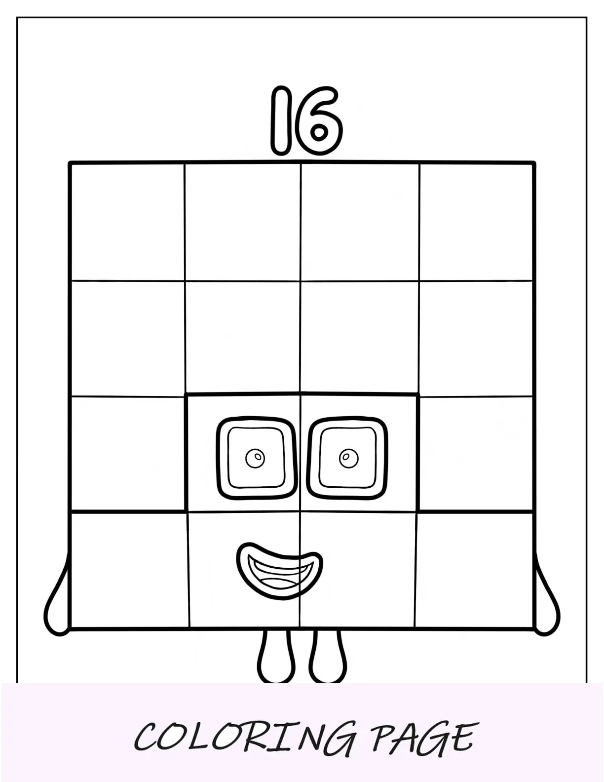 Página para colorir sorridente de 16 blocos numéricos