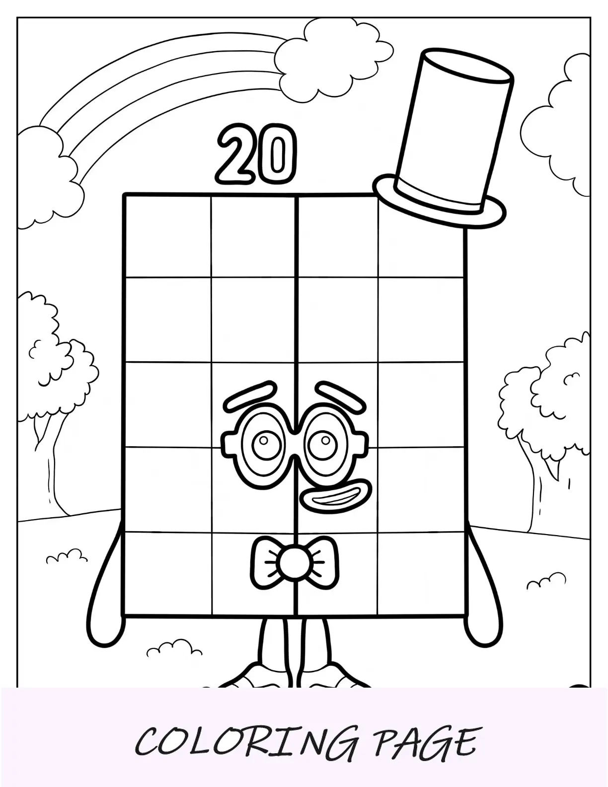 Numberblocks para colorir página 20 com chapéu e gravata borboleta