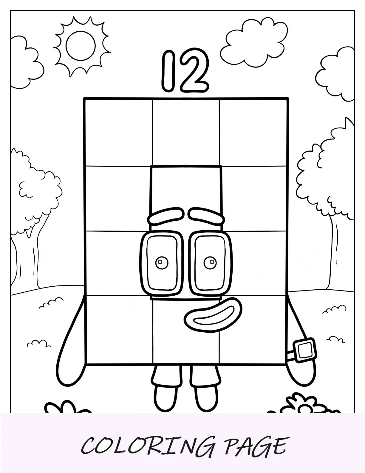 Página para colorir Numberblocks 12 sob o sol