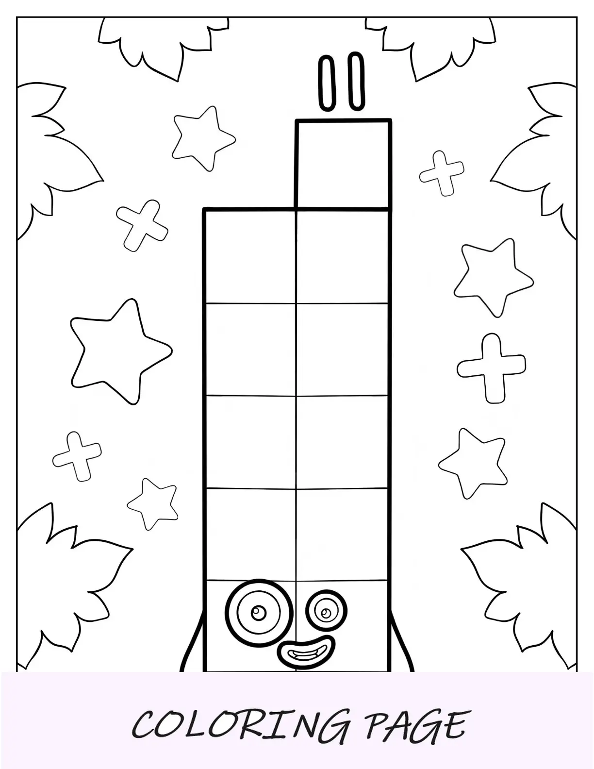 Numberblocks para colorir página 11 com folhas e estrelas