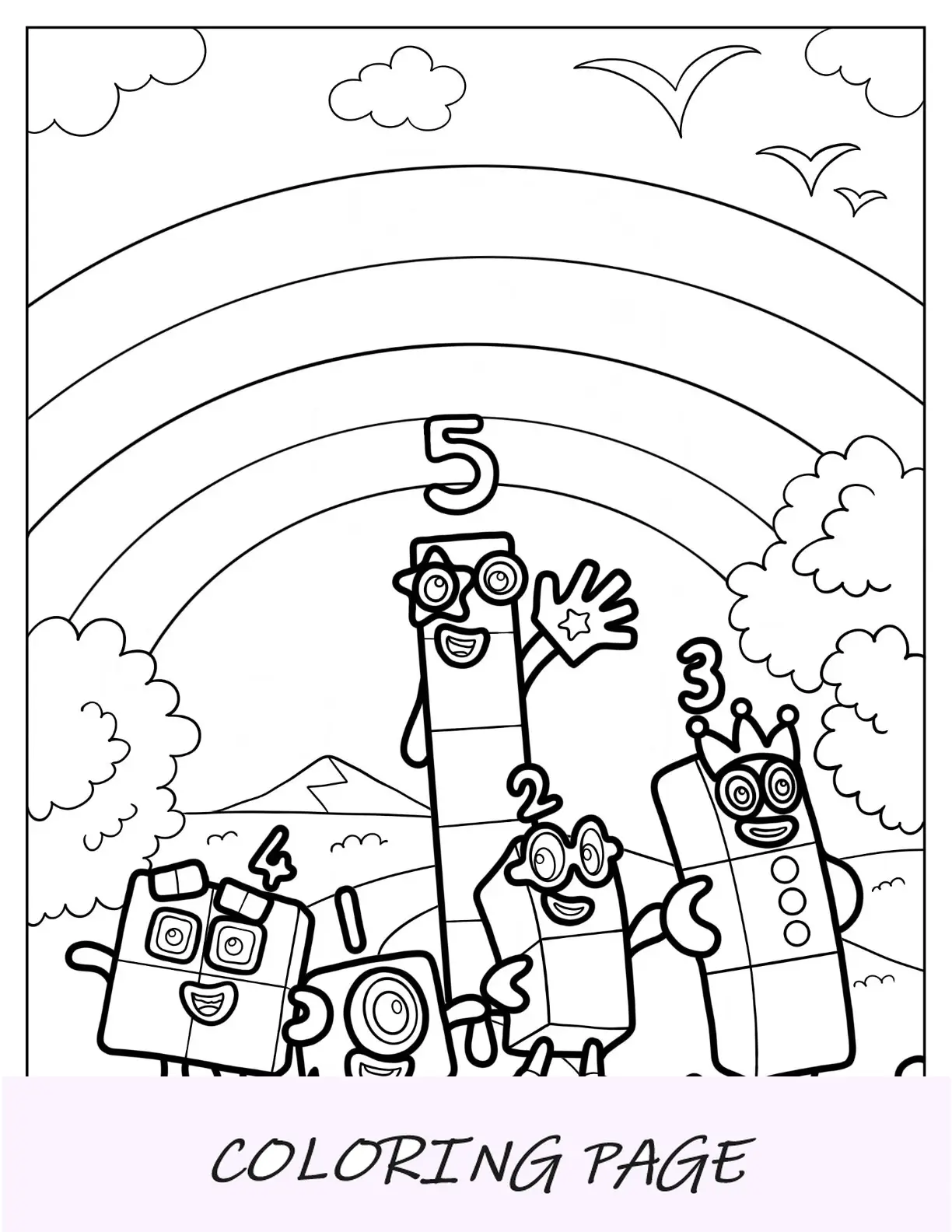 Numberblocks para colorir página 1 a 5 na natureza com arco-íris