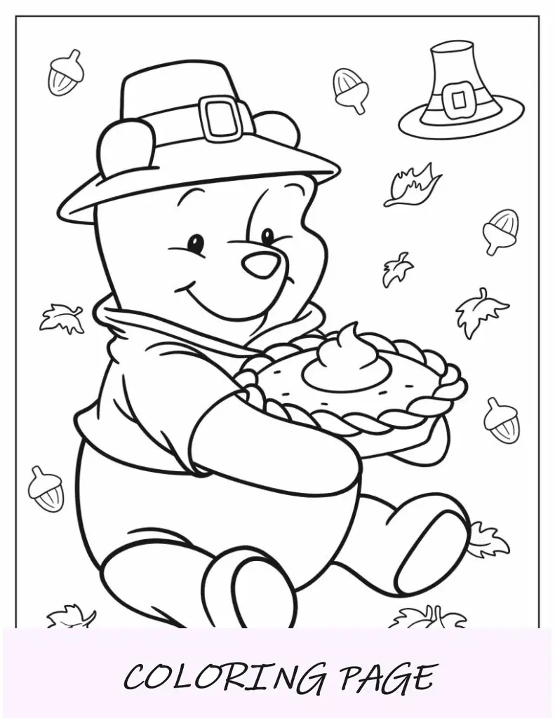 Ursinho Pooh segurando torta de Ação de Graças para colorir para crianças