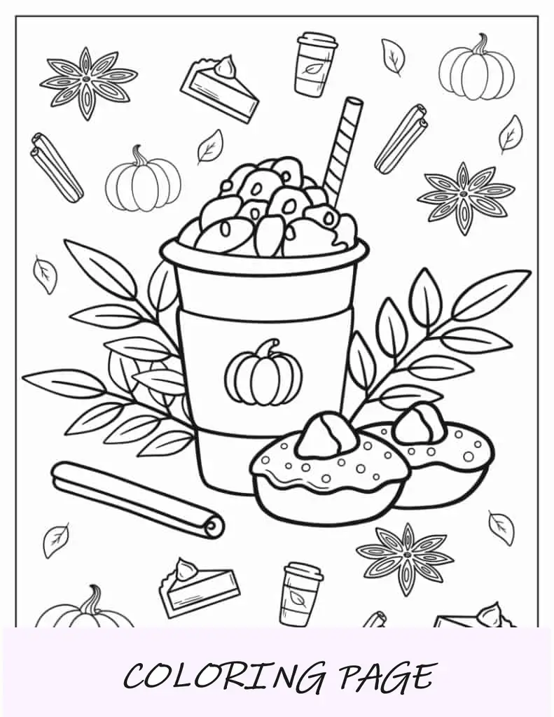 Folha para colorir com café com leite de abóbora e donuts