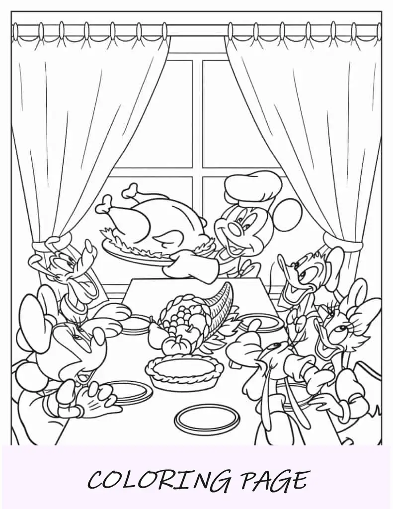 Desenho Para Colorir Mickey Mouse e seus amigos comem peru no Dia de Ação de Graças