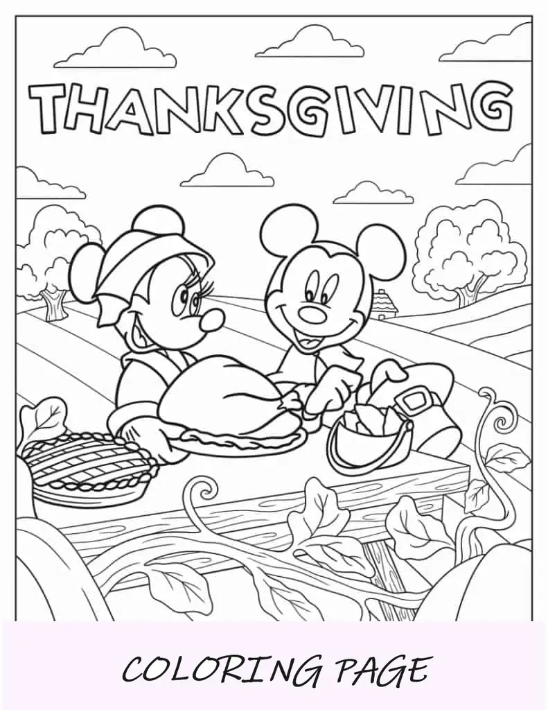 Página para colorir de Mickey e Minnie Mouse com peru de Ação de Graças
