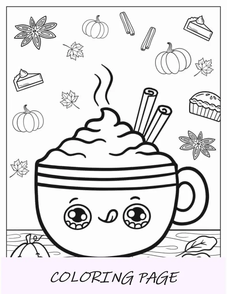 Coloração de chocolate quente de Ação de Graças Kawaii para crianças em idade pré-escolar