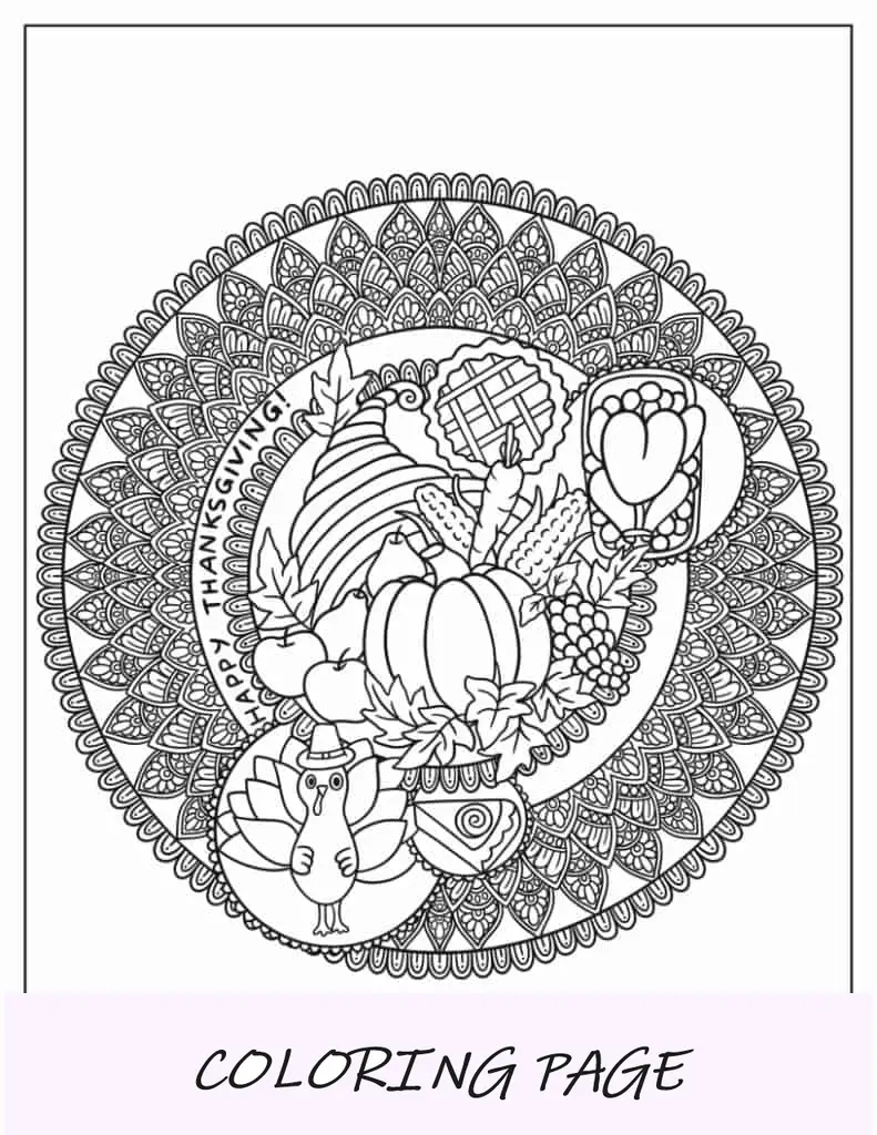 Mandala de Ação de Graças com abóboras e peru para colorir