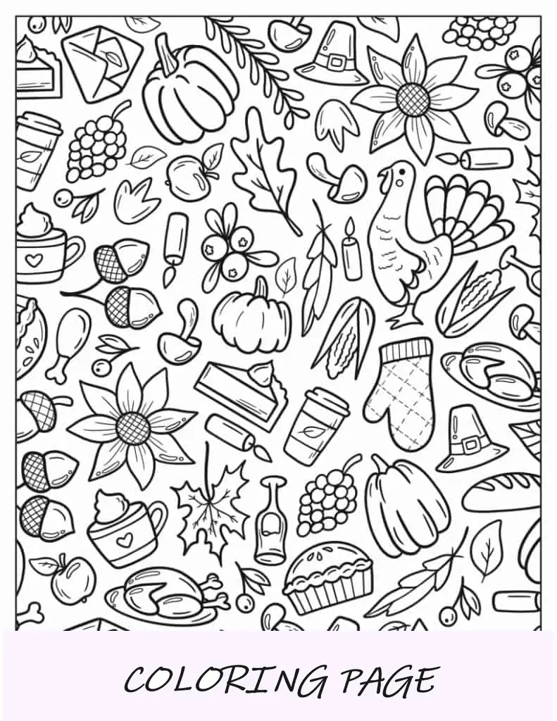 Folha para colorir de página inteira de coisas de Ação de Graças