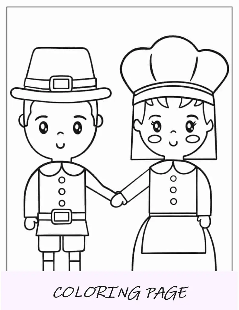 Folha para colorir fácil de menino e menina em fantasias de Ação de Graças