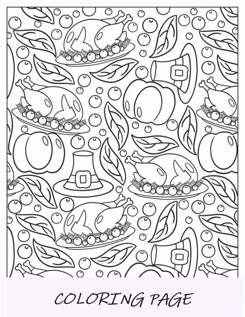 Folha para colorir de página inteira com elementos de ação de graças