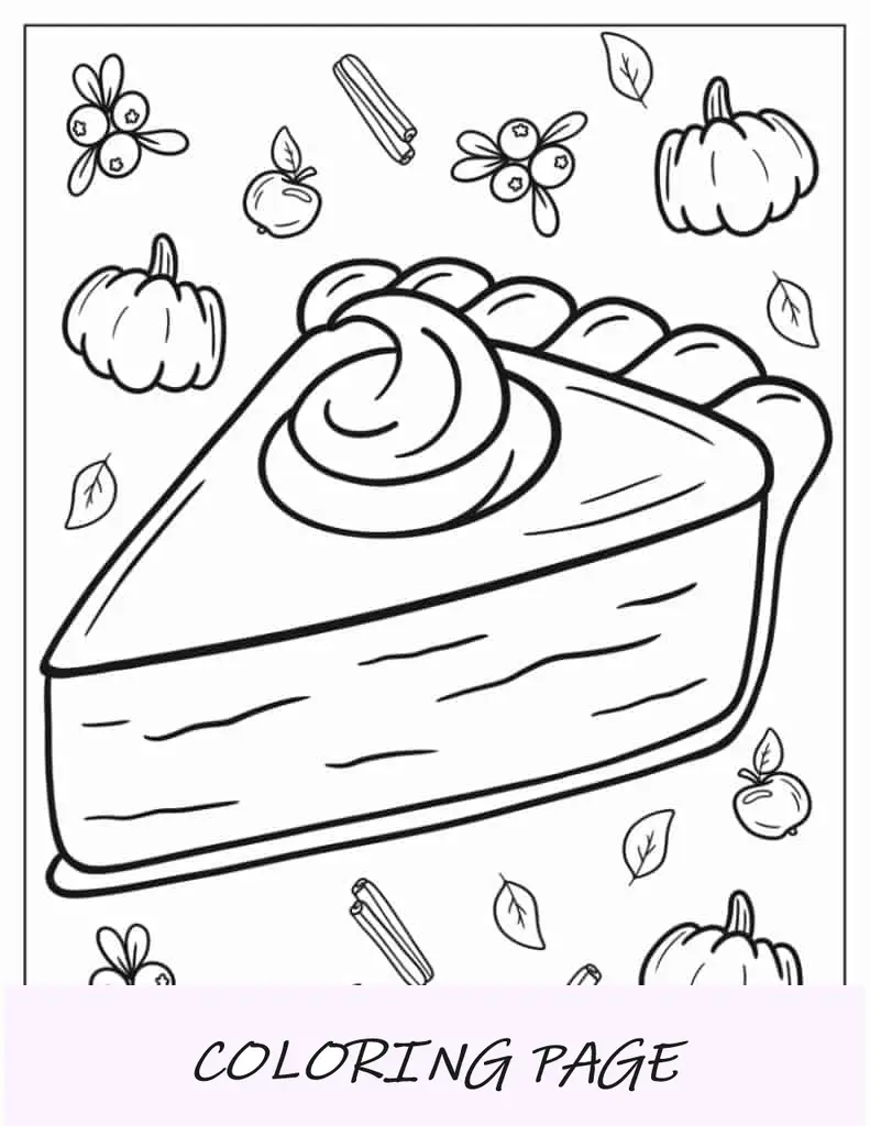 Esboço detalhado da folha para colorir de fatia de torta de abóbora