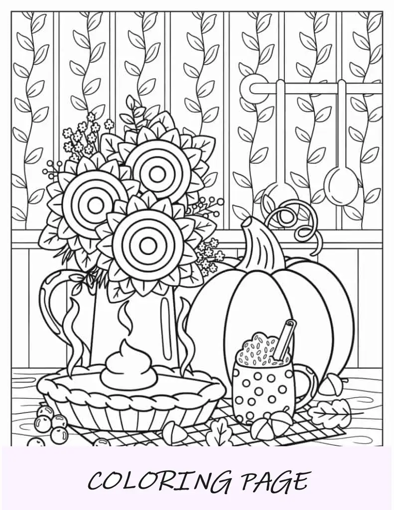 Folha para colorir da refeição de Ação de Graças na mesa