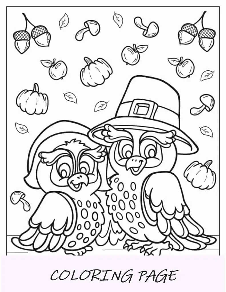 Folha para colorir de desenhos animados de corujas de ação de graças em chapéus