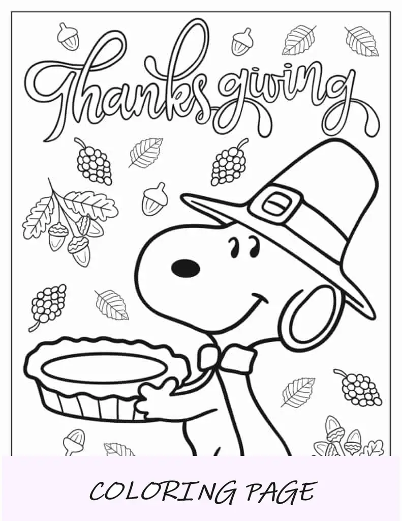 Folha para colorir de Snoopy carregando torta de Ação de Graças