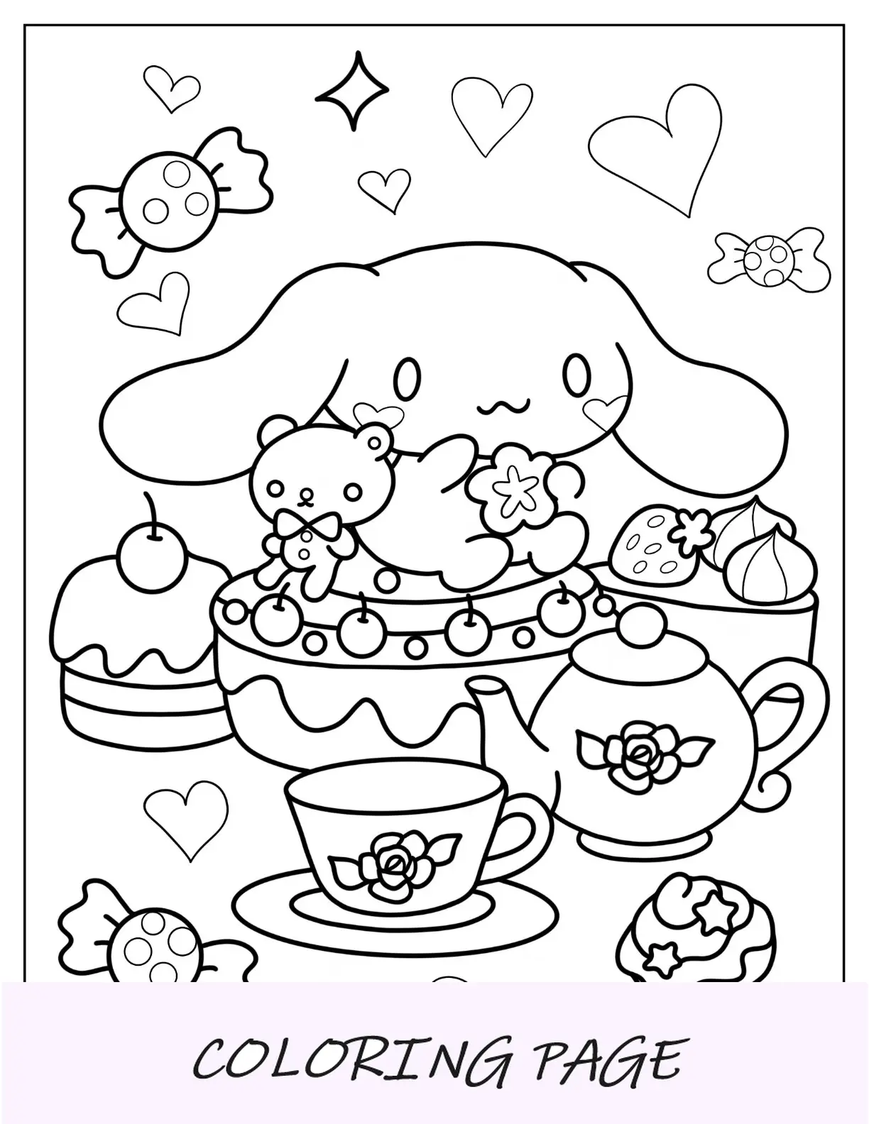 Pagina da colorare Cinnamoroll seduto sulla torta