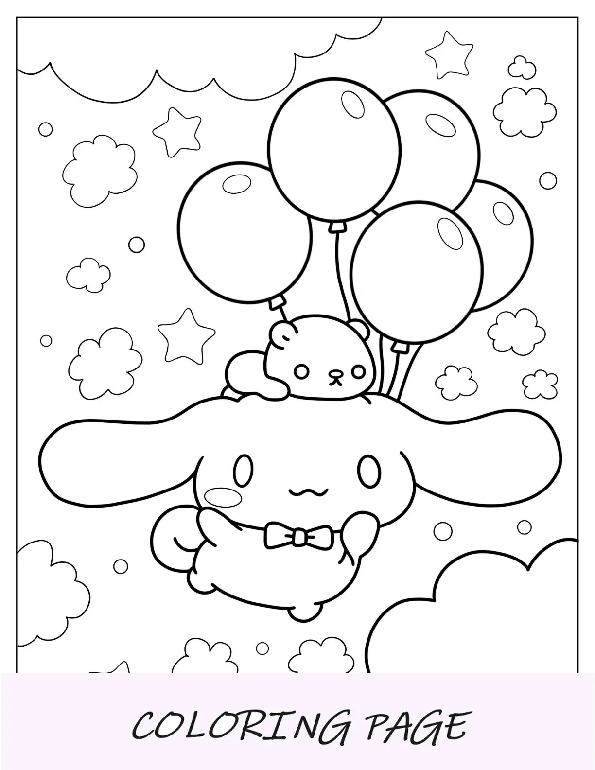 Pagina da colorare Cinnamoroll nel cielo con palloncini