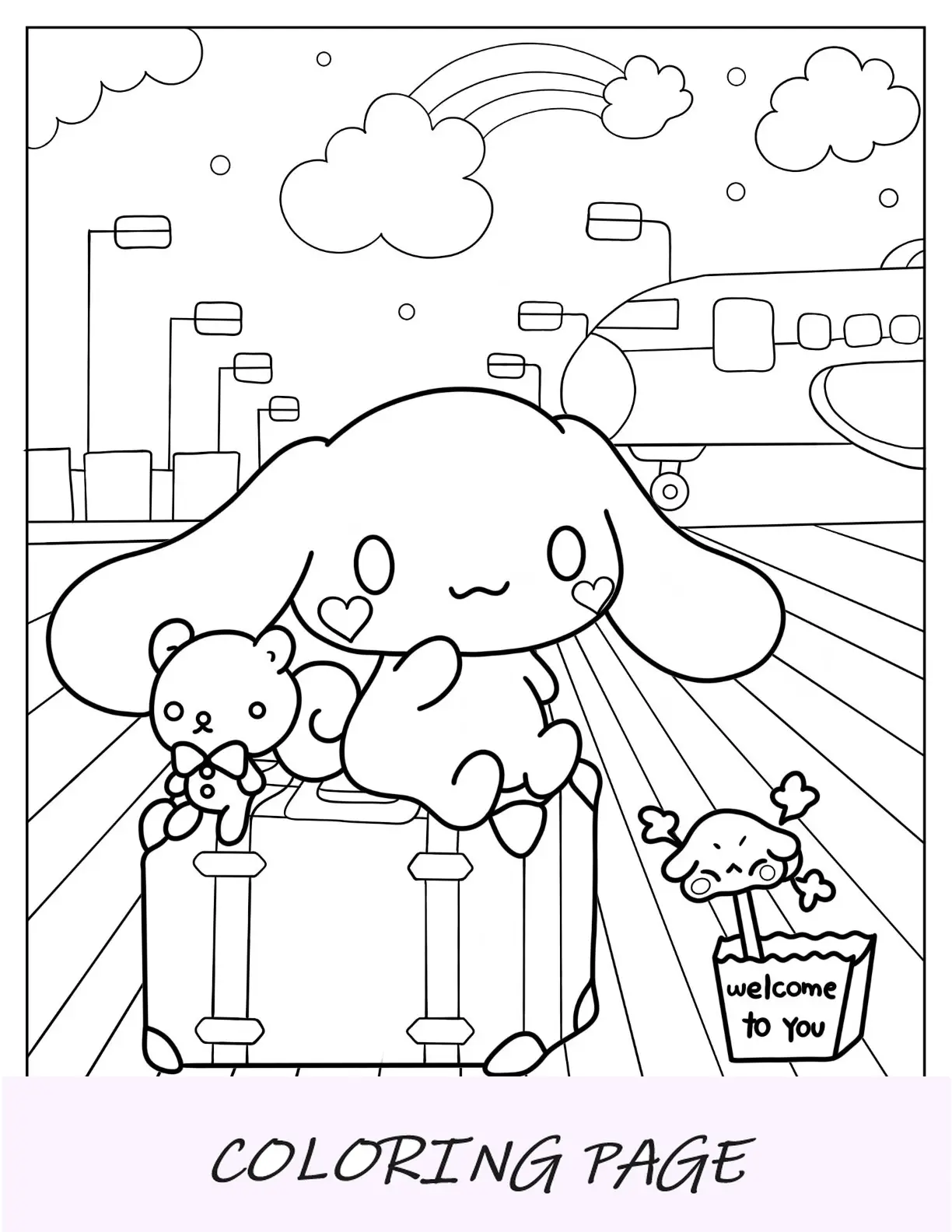 Cinnamoroll Pagina da colorare di cannella in aeroporto per bambini